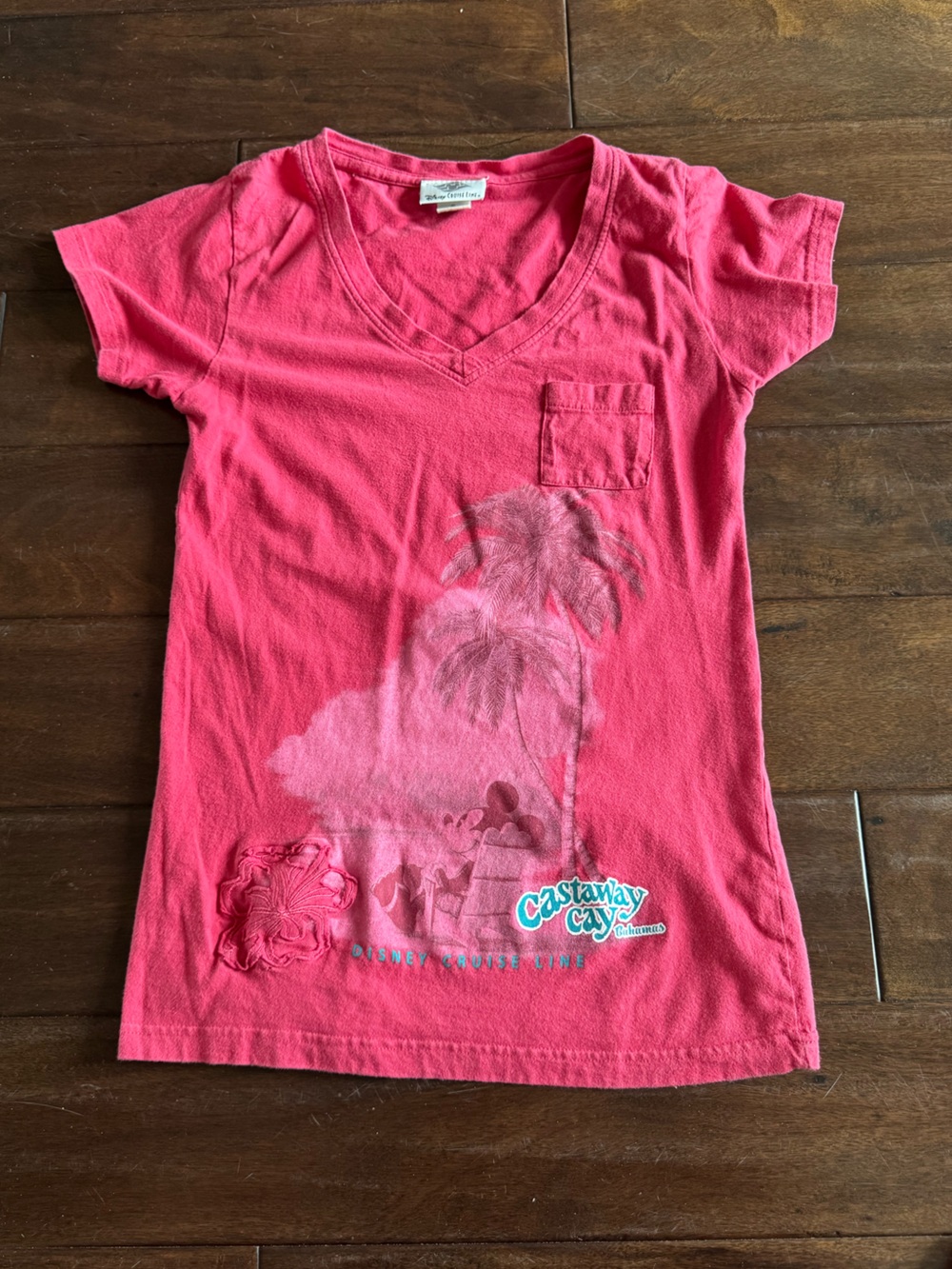 Disney Cruise Line Hot Pink V-Neck Pocket Tee with Tropical Print